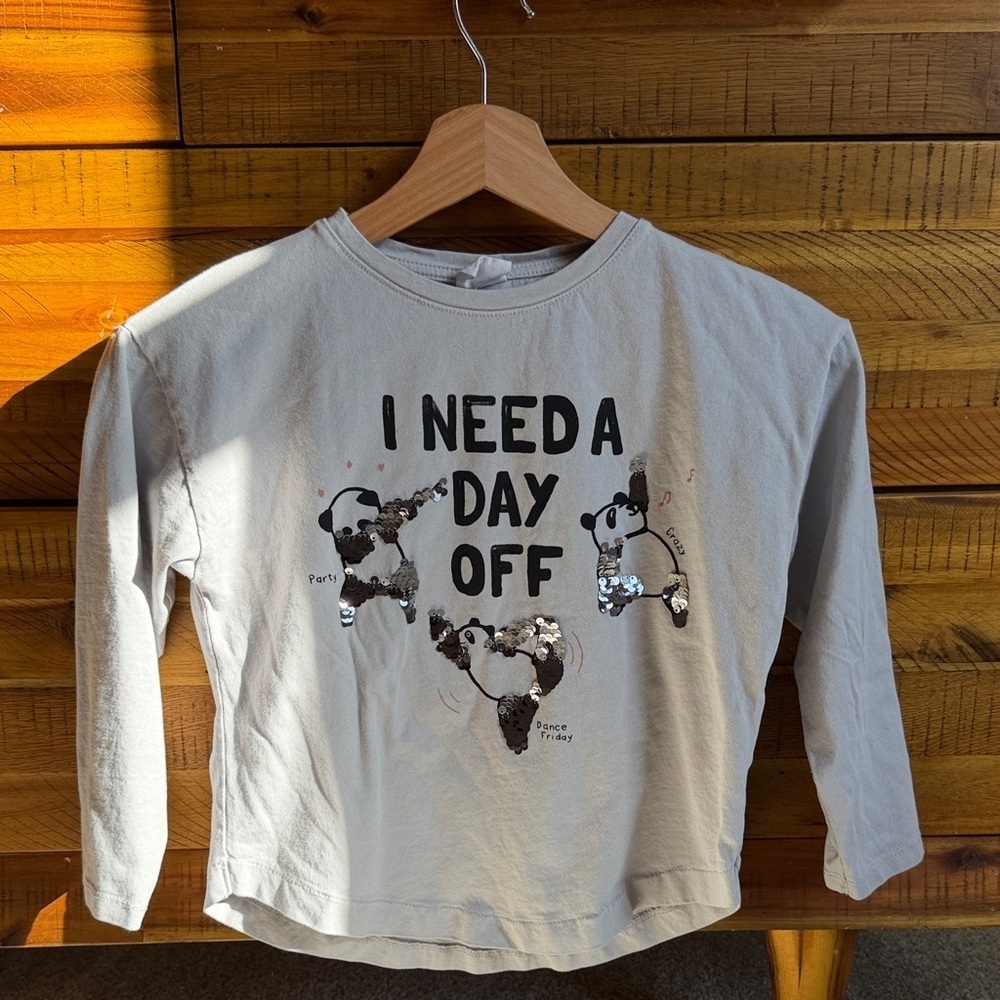 Zara Kids White Long Sleeve Shirt - "I Need a Day Off" with Panda Print